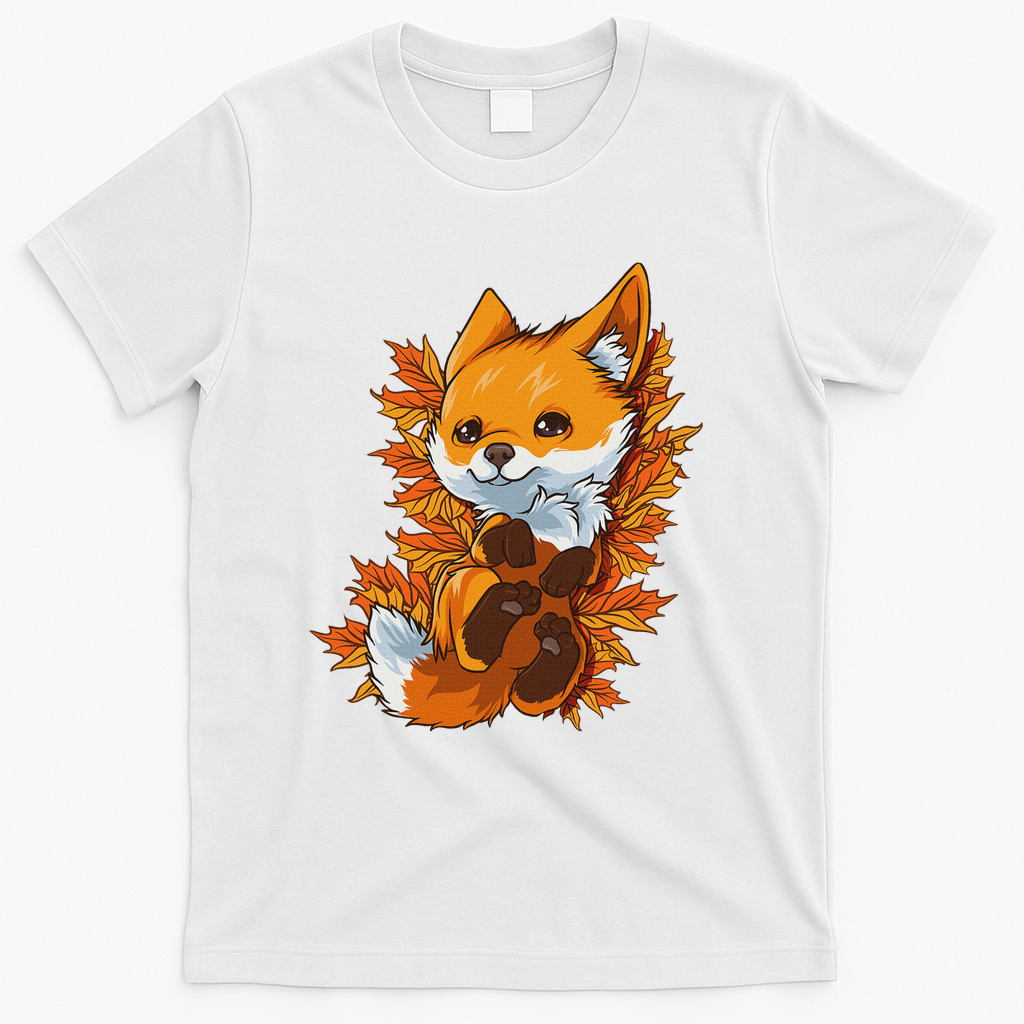Red Forest Fox Baby Animal Autumn Fall Leaves T-Shirt - White