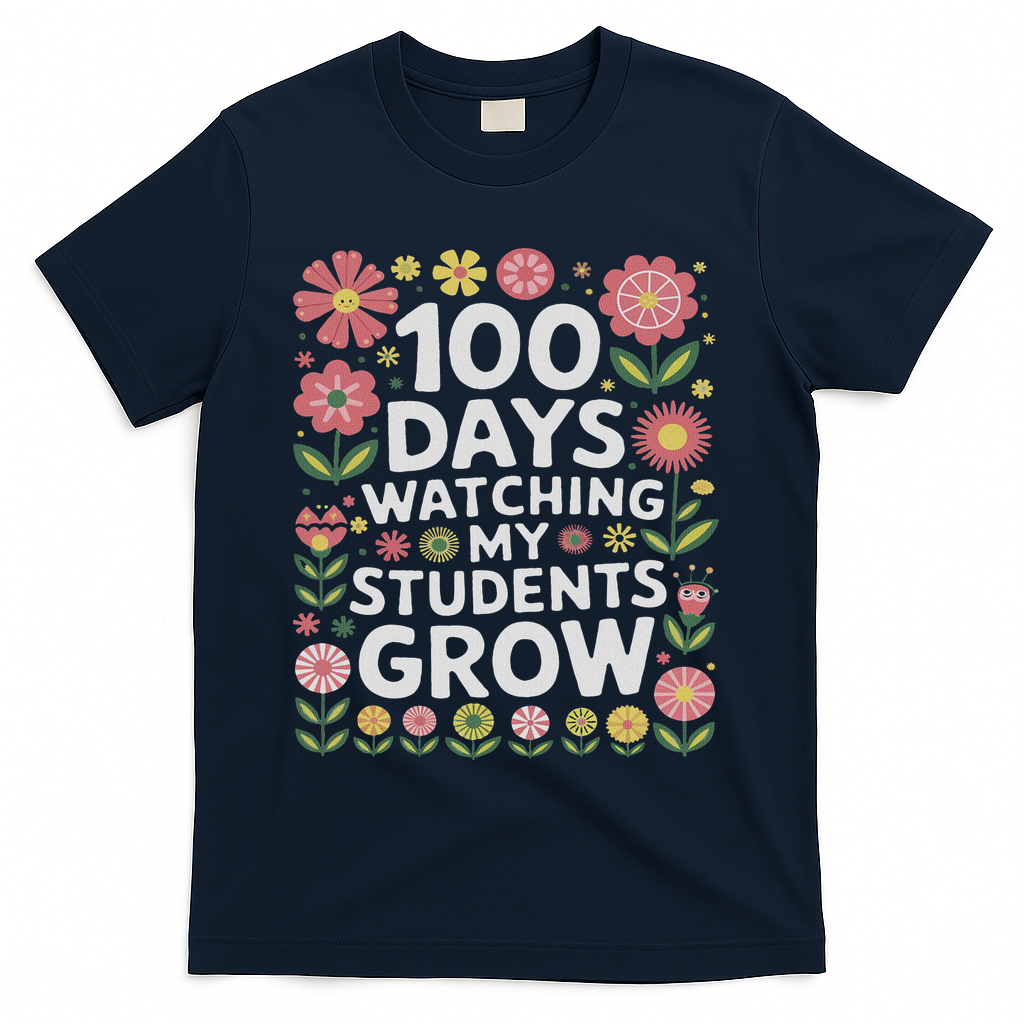 Retro Flowers For 100 Days Of School Teacher Appreciation  T-Shirt - Navy