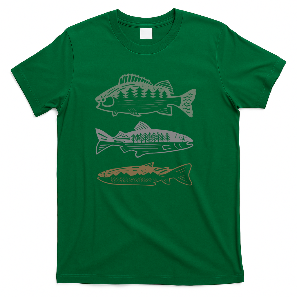 Retro Fishing Landscape - Salmon Bass Trout Silhouette - Green