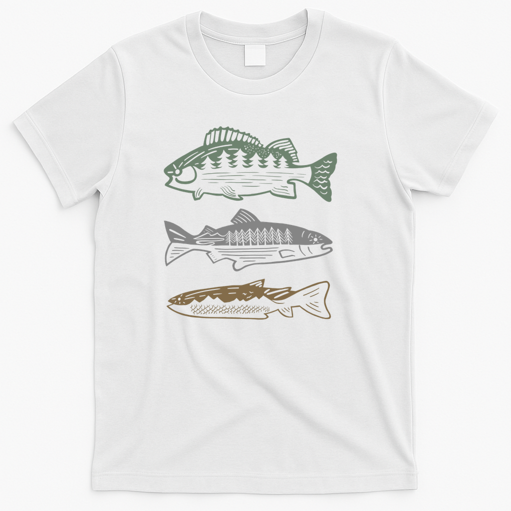 Retro Fishing Landscape - Salmon Bass Trout Silhouette - White