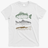 Retro Fishing Landscape - Salmon Bass Trout Silhouette - White