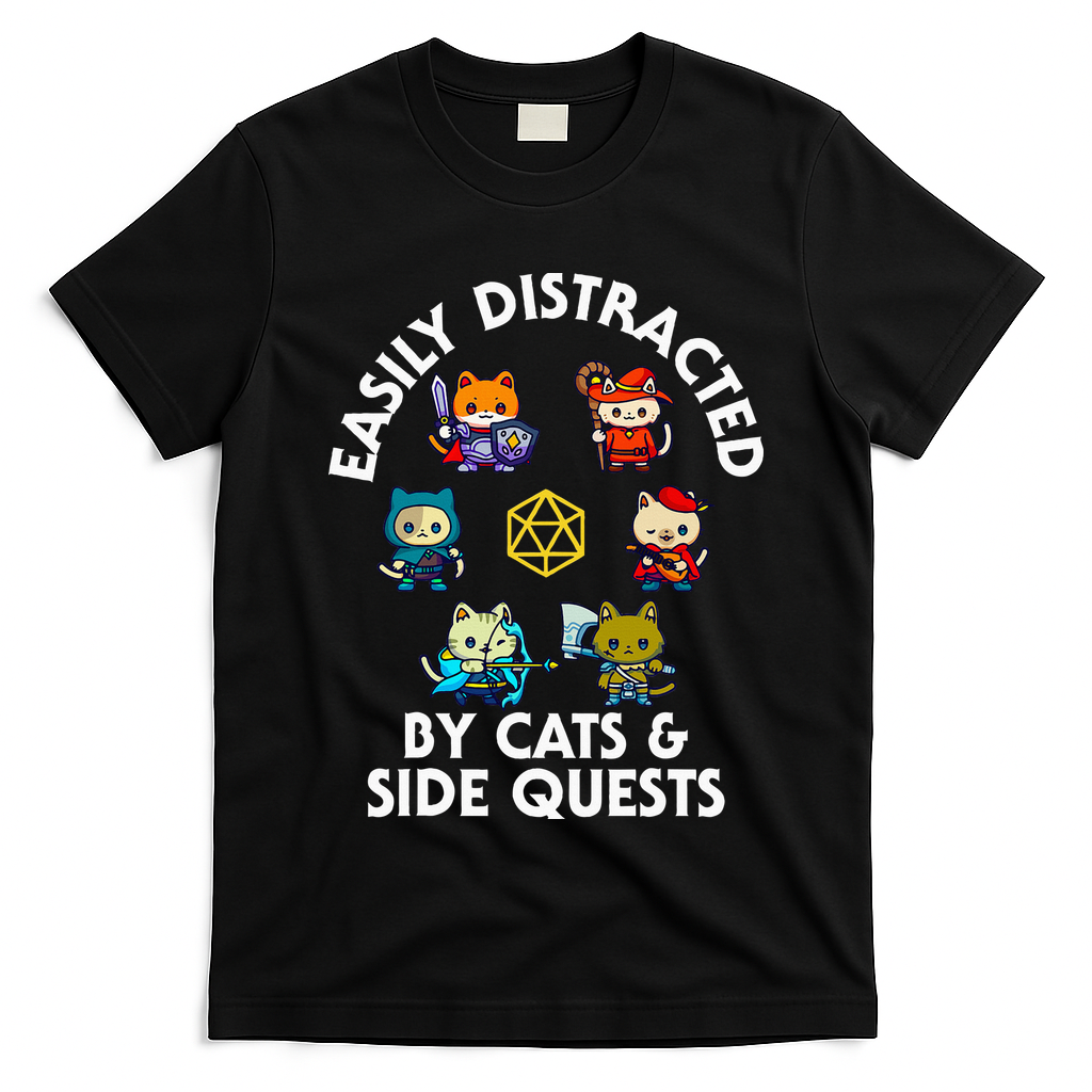 Rpg Gamer Cats Side Quests D20 Dice Nerdy Cat T-Shirt