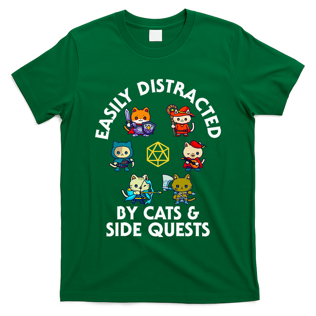 Rpg Gamer Cats Side Quests D20 Dice Nerdy Cat T-Shirt