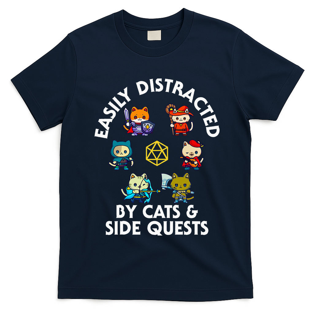 Rpg Gamer Cats Side Quests D20 Dice Nerdy Cat T-Shirt