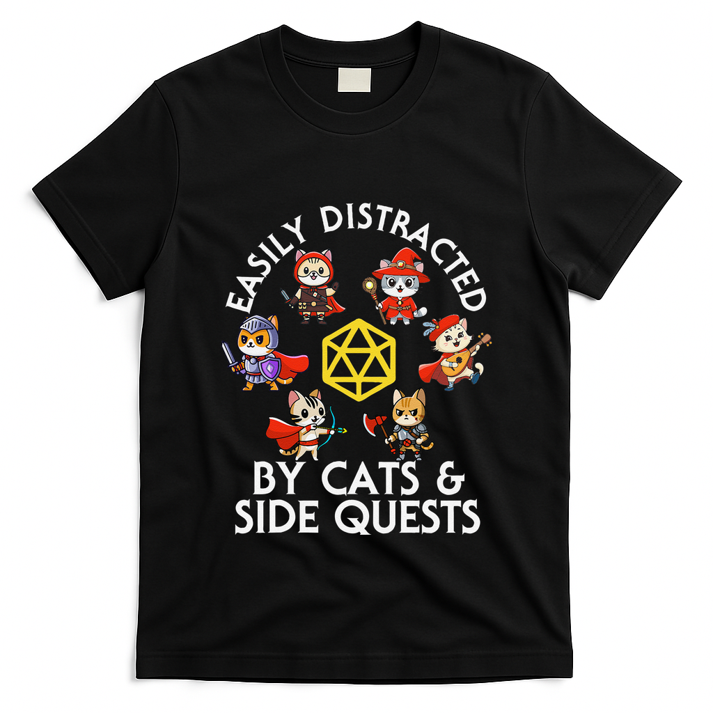 Rpg Gamer Cats Side Quests D20 Dice Nerdy Cat T-Shirt