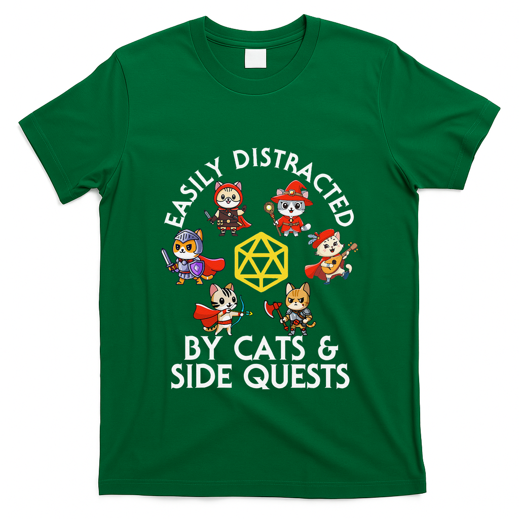 Rpg Gamer Cats Side Quests D20 Dice Nerdy Cat T-Shirt