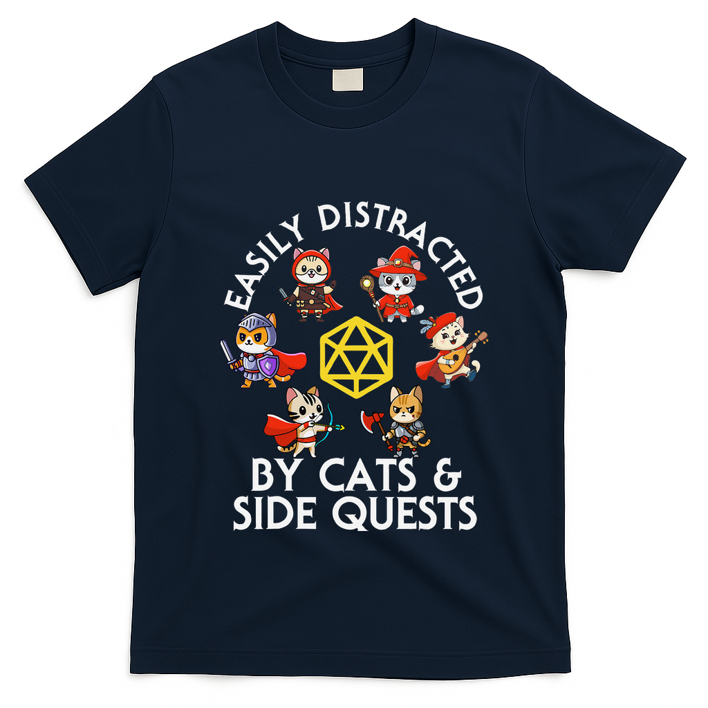 Rpg Gamer Cats Side Quests D20 Dice Nerdy Cat T-Shirt