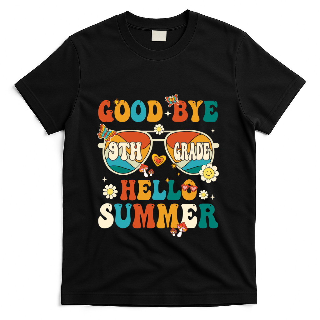 Retro Groovy Goodbye 9th Grade Graduation Hello Summer Funny Gift T-Shirt - Black