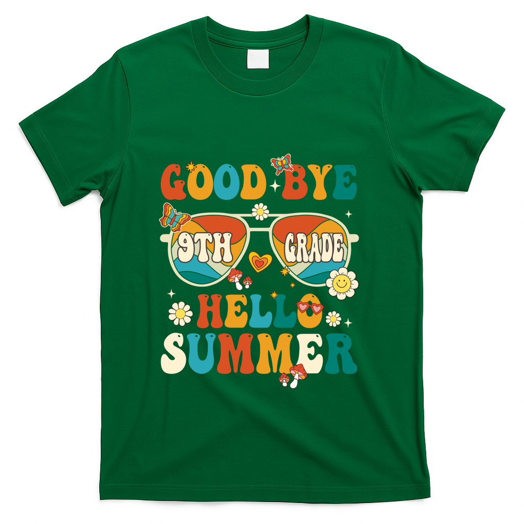 Retro Groovy Goodbye 9th Grade Graduation Hello Summer Funny Gift T-Shirt - Green