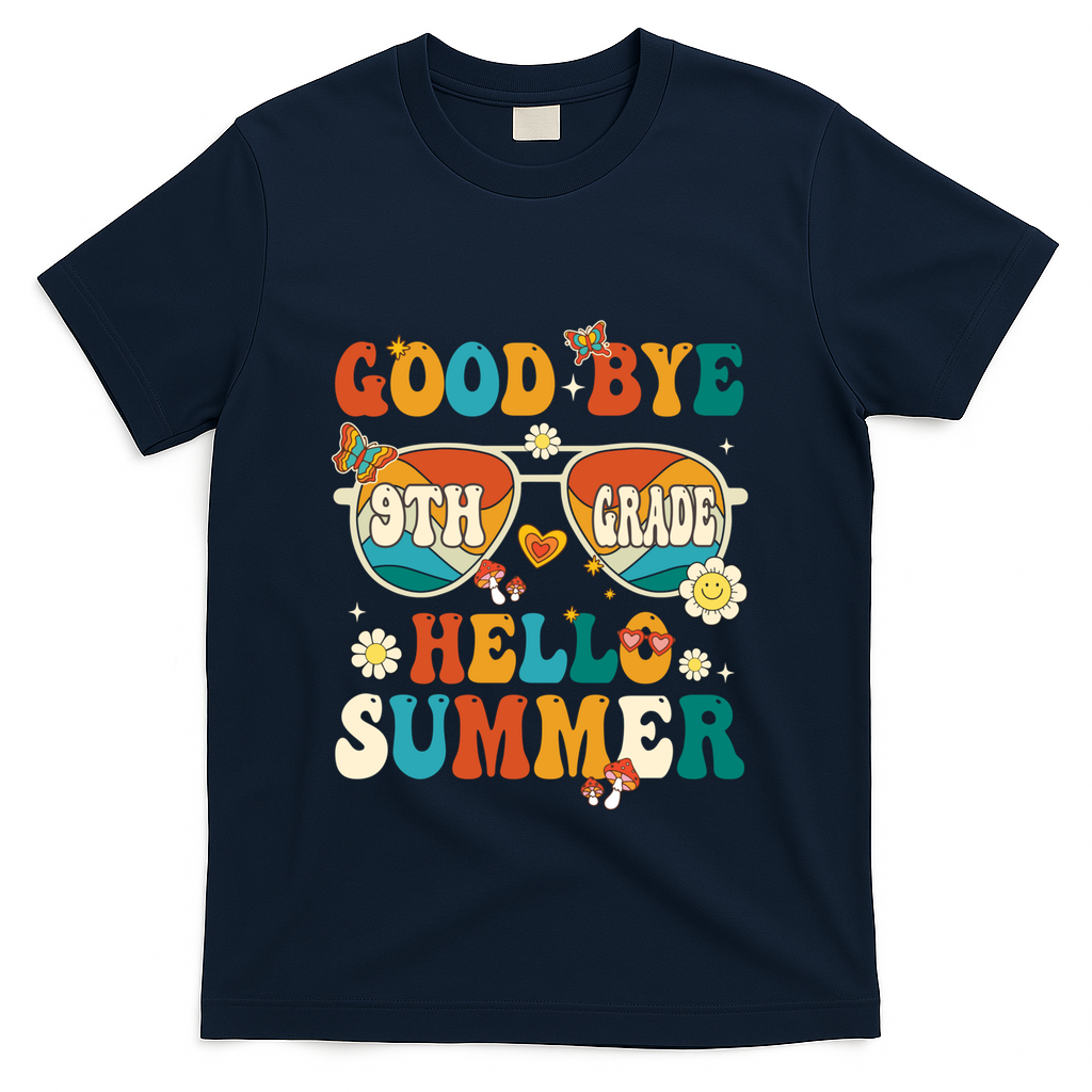 Retro Groovy Goodbye 9th Grade Graduation Hello Summer Funny Gift T-Shirt - Navy