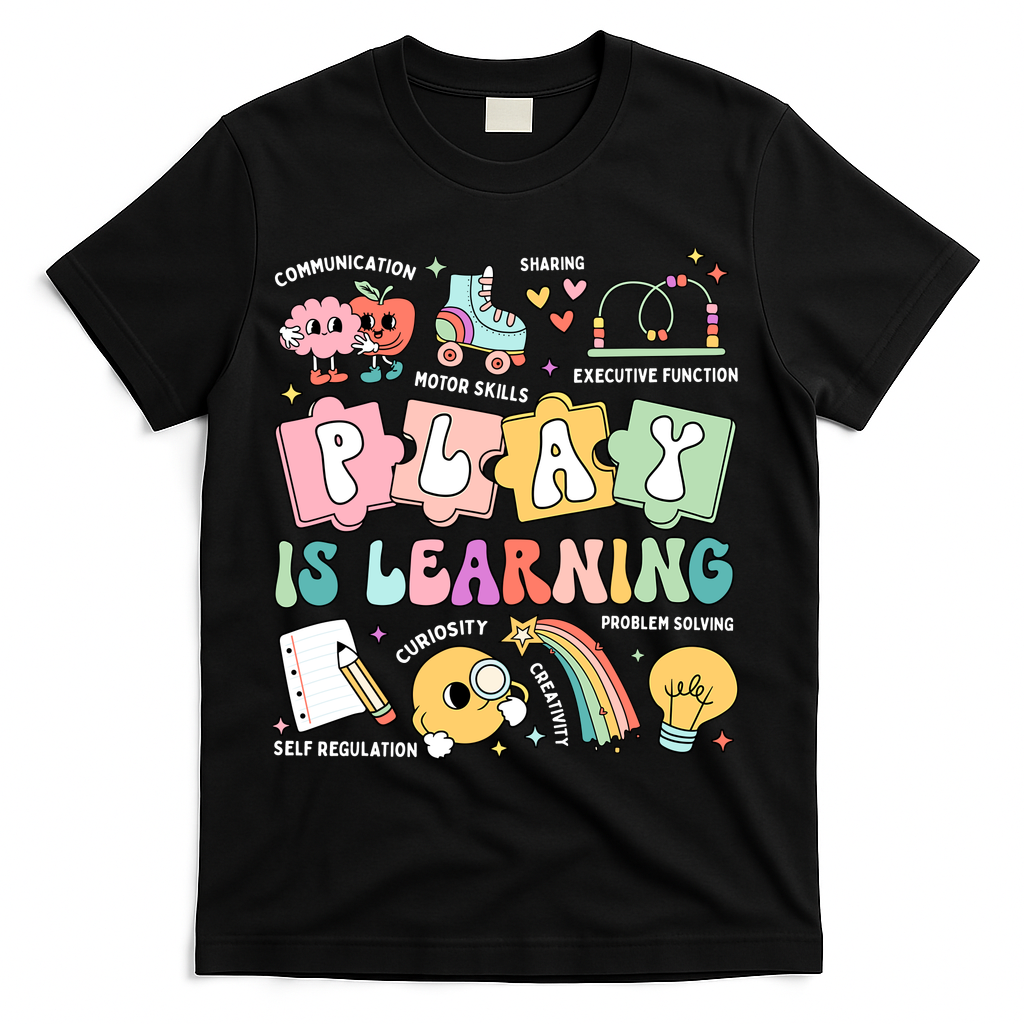Retro Groovy Play Is Learning Kindergarten Teacher Daycare T-Shirt - Black