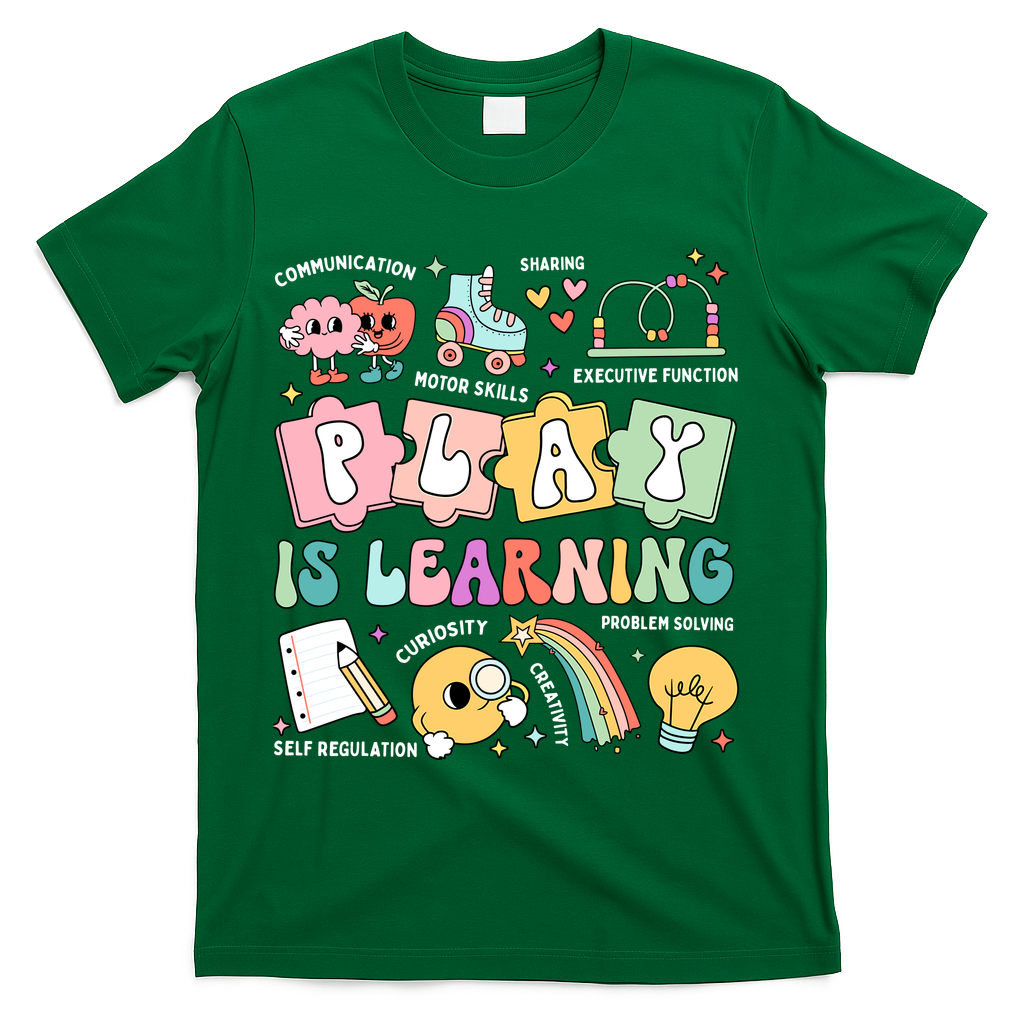 Retro Groovy Play Is Learning Kindergarten Teacher Daycare T-Shirt - Green