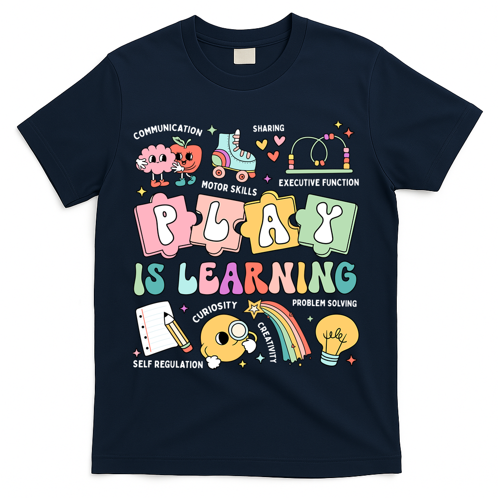 Retro Groovy Play Is Learning Kindergarten Teacher Daycare T-Shirt - Navy