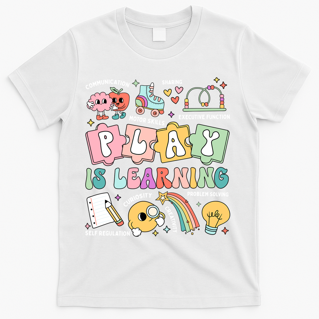 Retro Groovy Play Is Learning Kindergarten Teacher Daycare T-Shirt - White