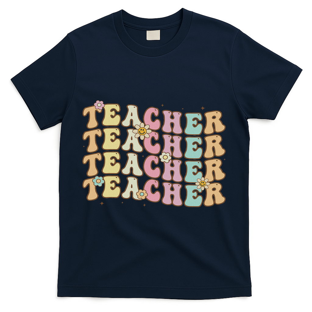 Retro Groovy Teacher Inspirational Colorful Back To School T-Shirt - Navy