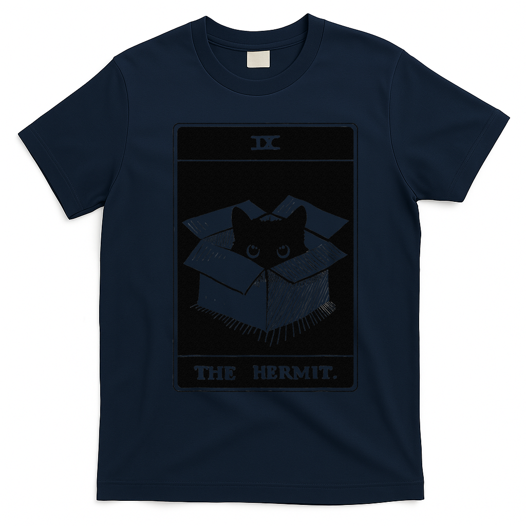 Retro Halloween Black Cat The Hermit Tarot Card Witchcraft T-Shirt - Navy Blue