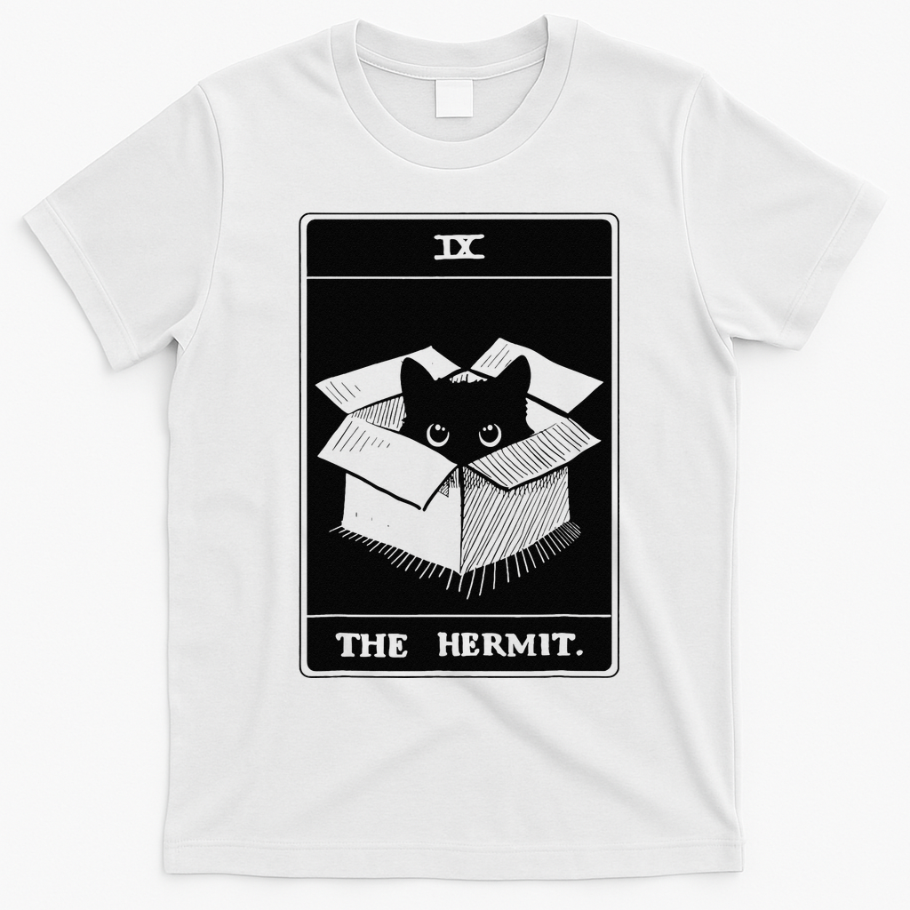 Retro Halloween Black Cat The Hermit Tarot Card Witchcraft T-Shirt - White