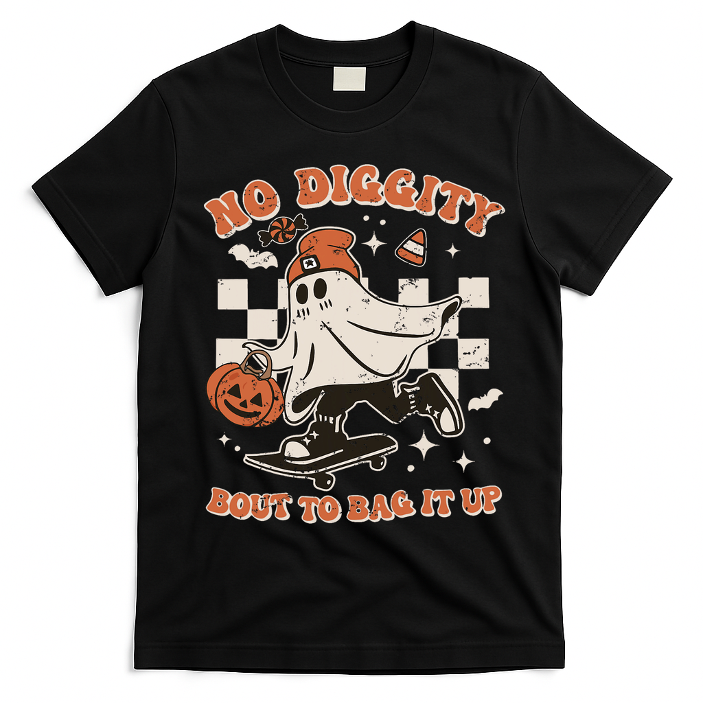 Retro Halloween Ghost No Diggity Bout To Bag It Up T-Shirt - Black