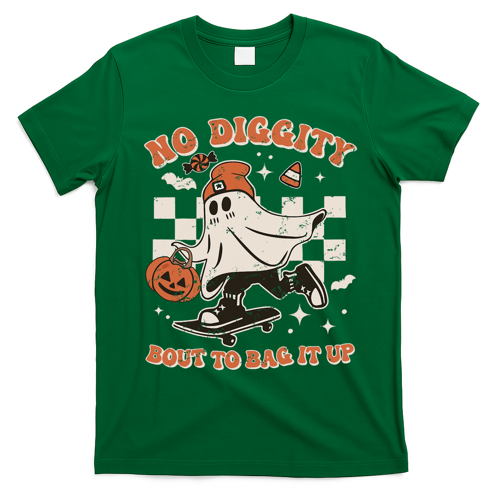 Retro Halloween Ghost No Diggity Bout To Bag It Up T-Shirt - Irish Green