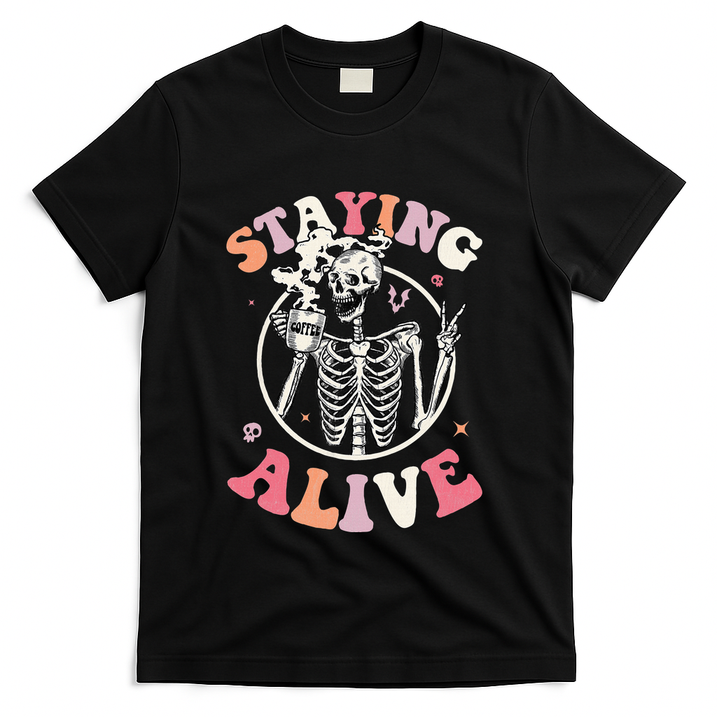 Retro Halloween Skeleton Coffee Mug Groovy Staying Alive Hippie T-Shirt - Black