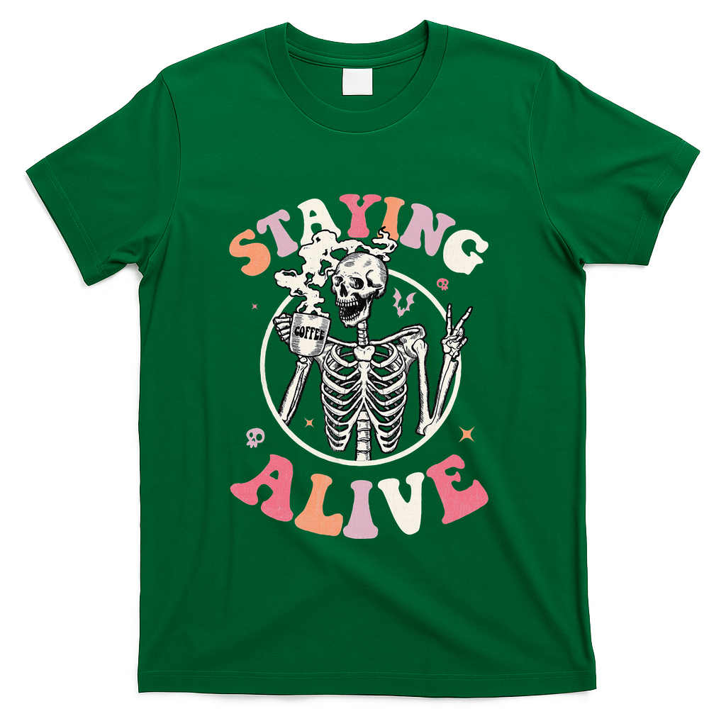 Retro Halloween Skeleton Coffee Mug Groovy Staying Alive Hippie T-Shirt - Green