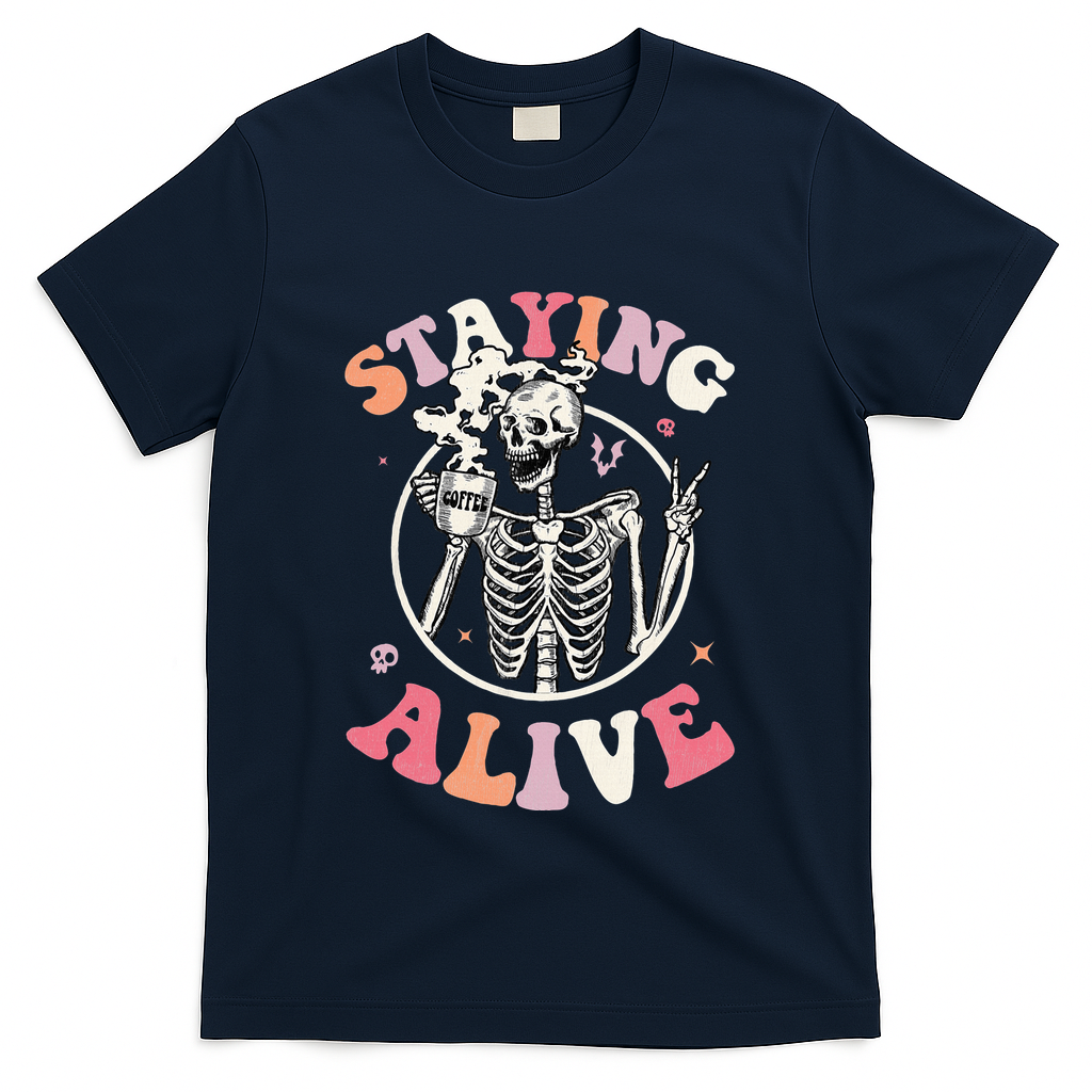 Retro Halloween Skeleton Coffee Mug Groovy Staying Alive Hippie T-Shirt - Navy