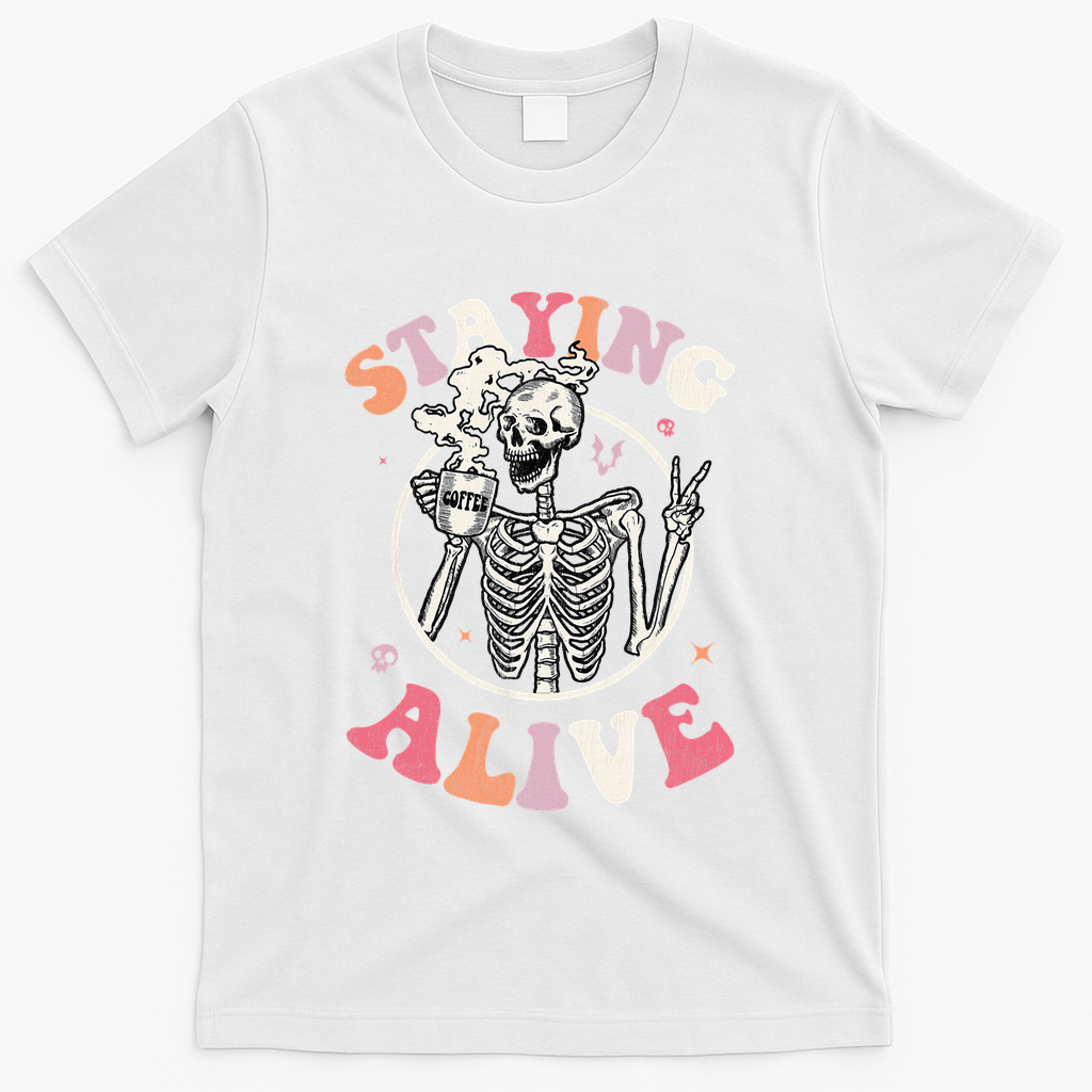 Retro Halloween Skeleton Coffee Mug Groovy Staying Alive Hippie T-Shirt - White