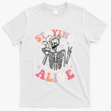 Retro Halloween Skeleton Coffee Mug Groovy Staying Alive Hippie T-Shirt - White