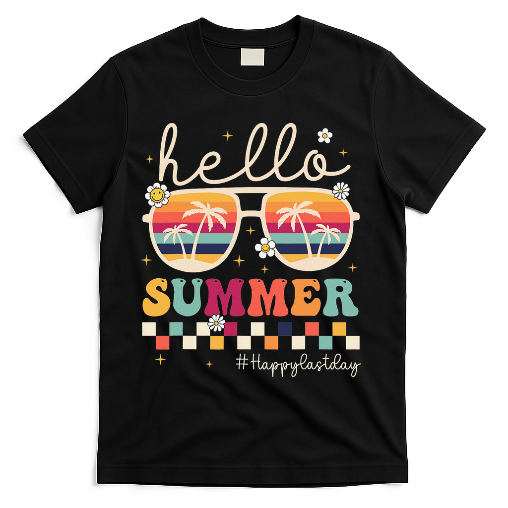 Retro Hello Summer Happy Last Day Of School Teacher Student T-Shirt - Black