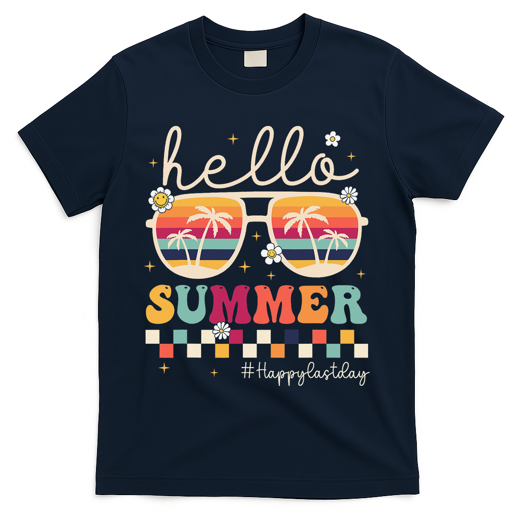 Retro Hello Summer Happy Last Day Of School Teacher Student T-Shirt - Navy