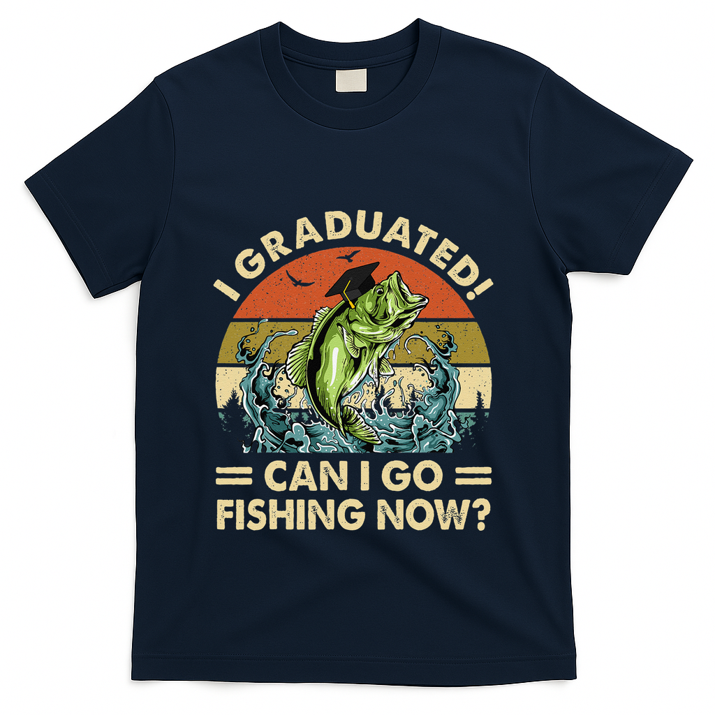Retro I Graduated Can I Go Fishing Now Cute Graduation T-Shirt - Navy