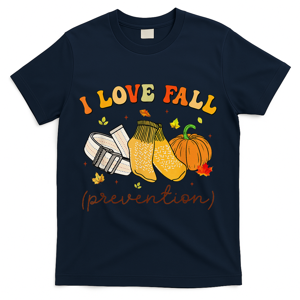 Retro I Love Fall Prevention Fall Physical Therapy Groovy T-Shirt - Navy