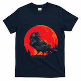Red Moon Black Crow Gothic Animal Bird Spooky Forest Raven T-Shirt - Navy Blue
