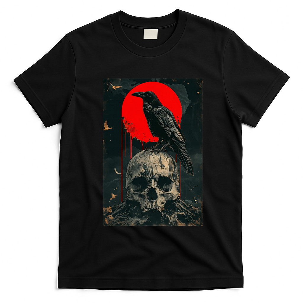 Red Moon Black Gothic Raven Skull Graphic Black Crow T-Shirt - Black