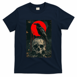 Red Moon Black Gothic Raven Skull Graphic Black Crow T-Shirt - Navy Blue