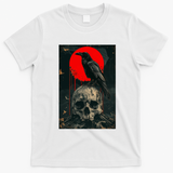 Red Moon Black Gothic Raven Skull Graphic Black Crow T-Shirt - White