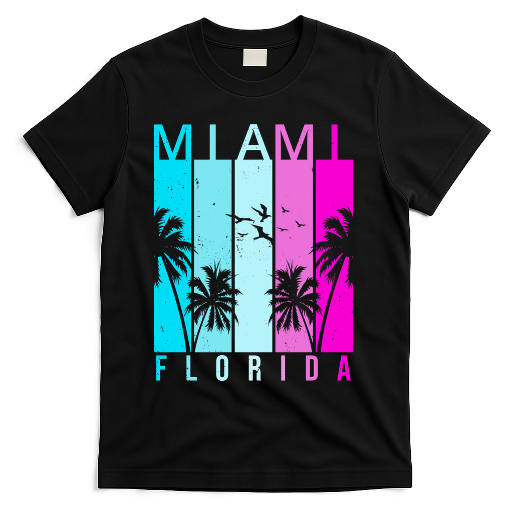 Retro Miami Florida Summer Neon Colors T-Shirt - Black