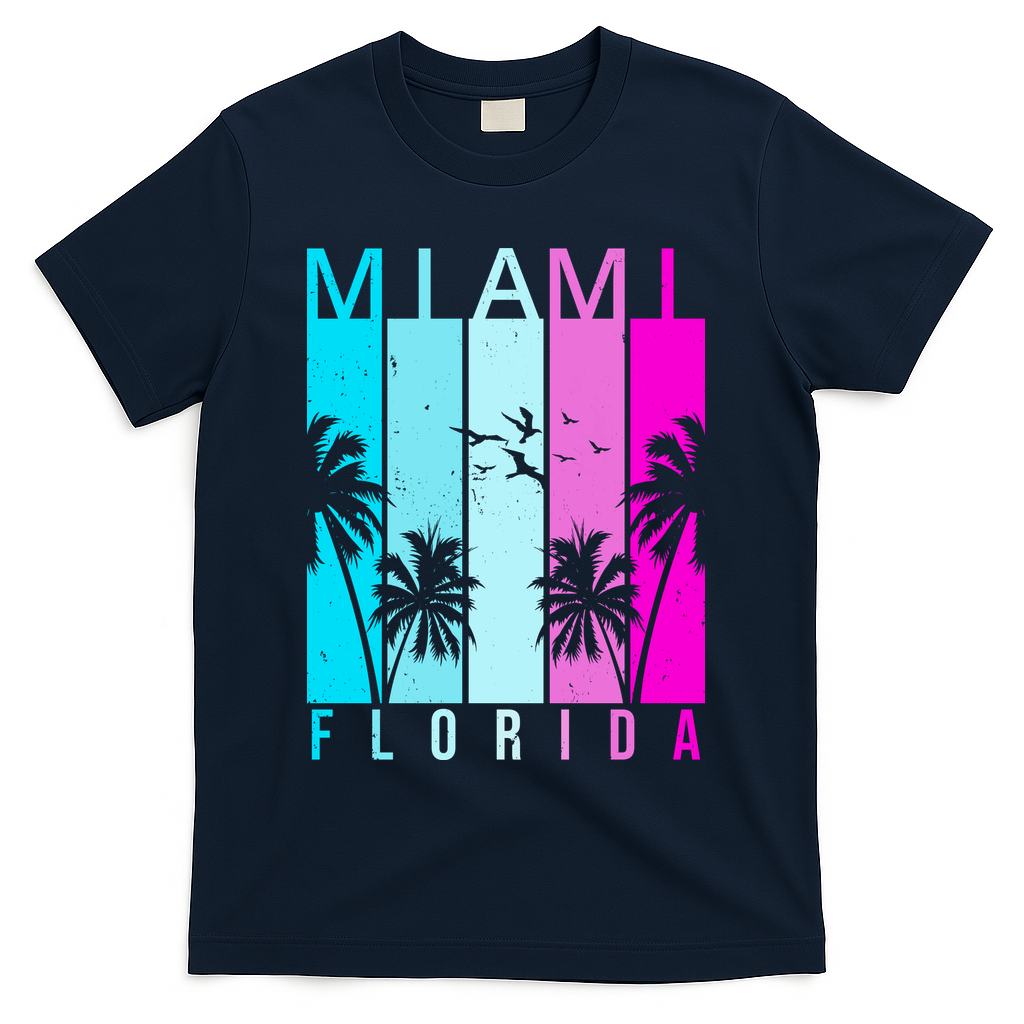 Retro Miami Florida Summer Neon Colors T-Shirt - Navy