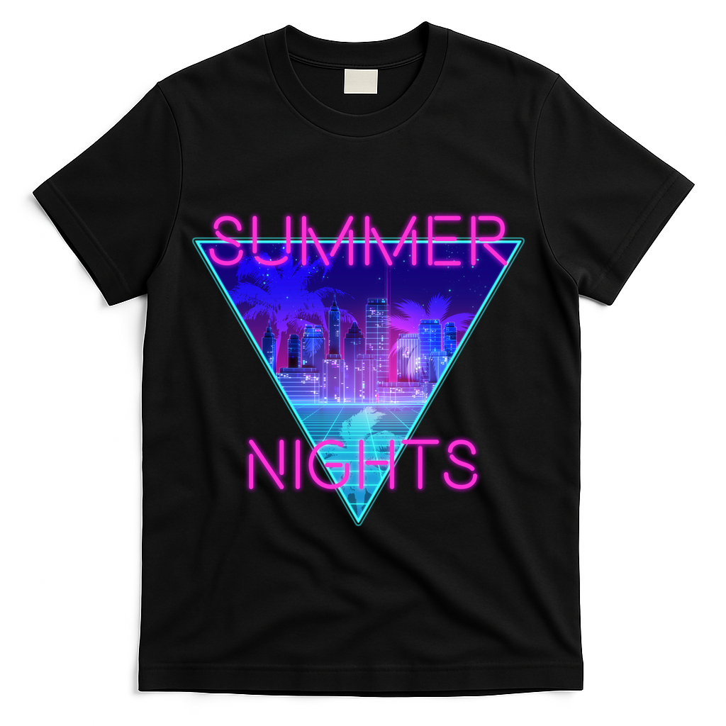 Retro Neon City Summer Nights T-Shirt - Black