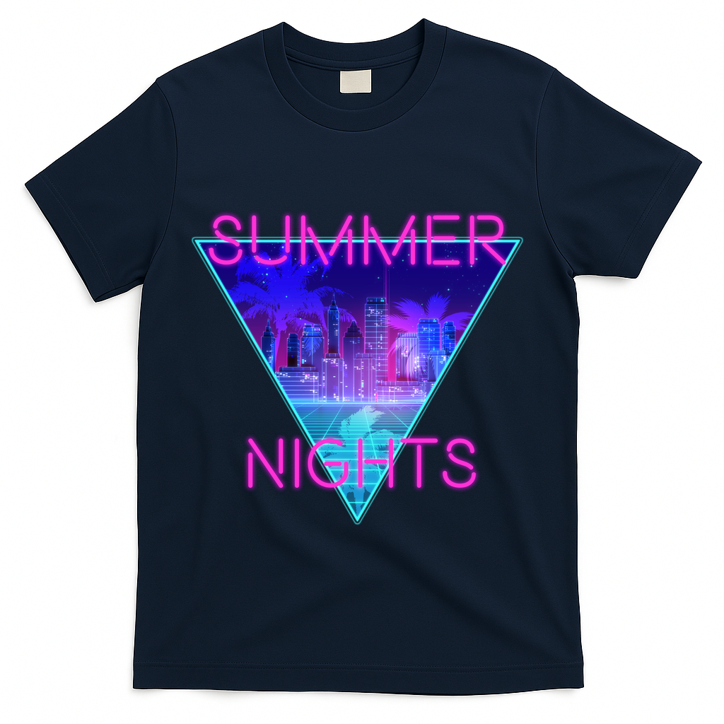 Retro Neon City Summer Nights T-Shirt - Navy