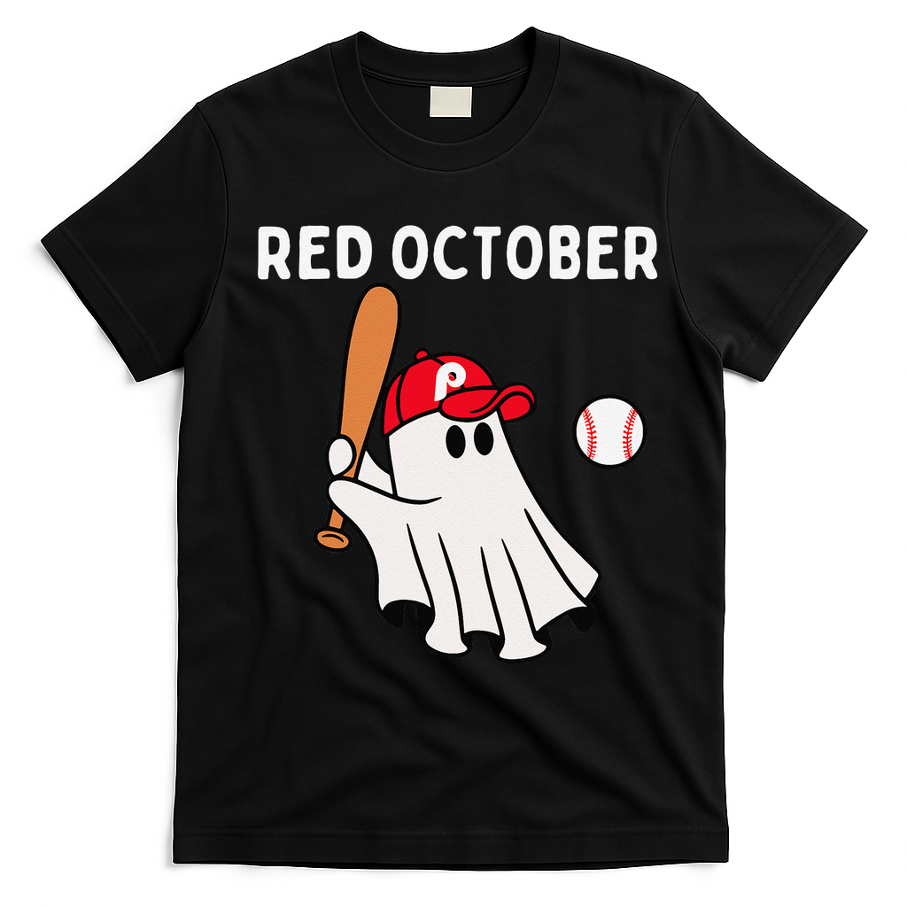 Red October Halloween Philadelphia Baseball Ghost T-Shirt - Black