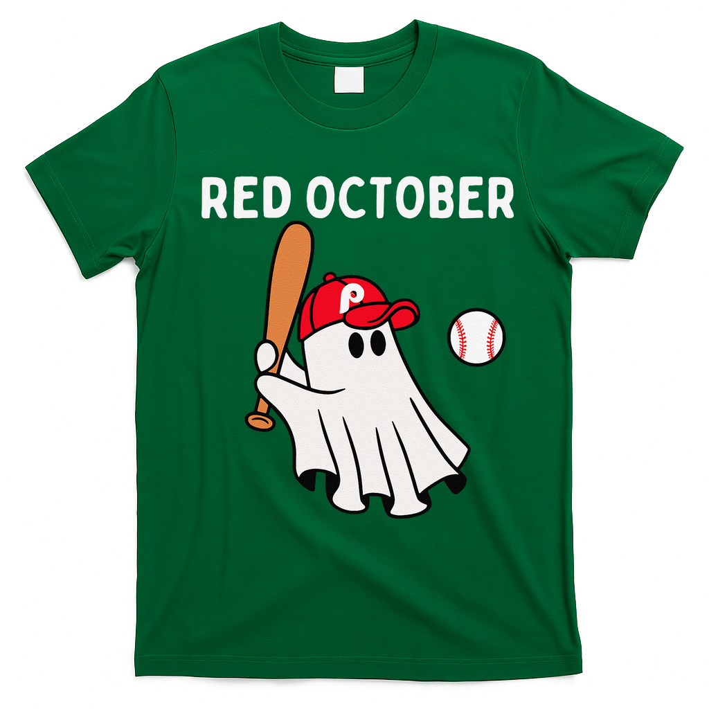 Red October Halloween Philadelphia Baseball Ghost T-Shirt - Irish Green