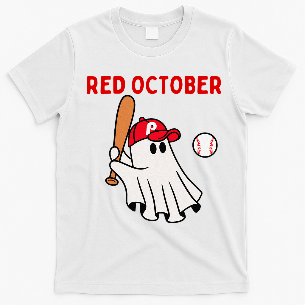 Red October Halloween Philadelphia Baseball Ghost T-Shirt - White
