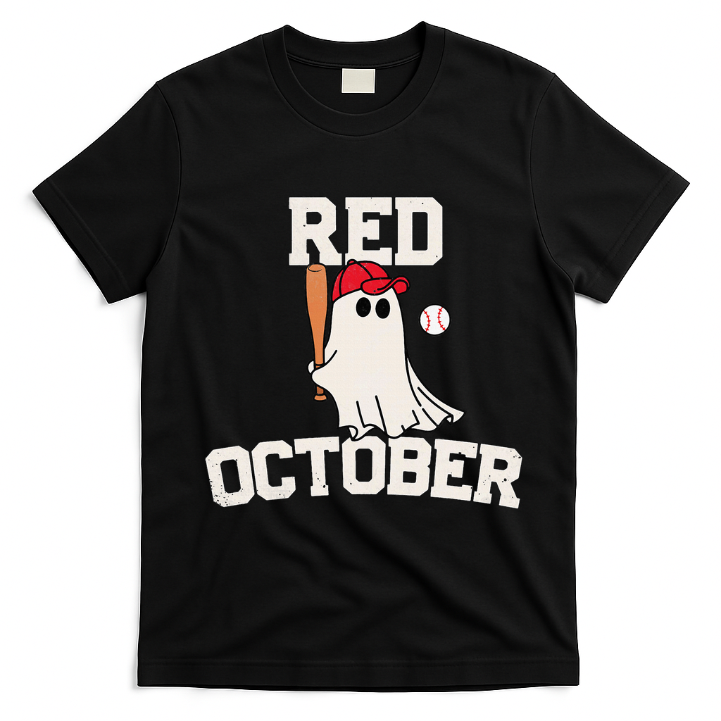 Red October Halloween Ghost Playing Baseball T-Shirt - Black