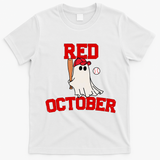 Red October Halloween Ghost Playing Baseball T-Shirt - White