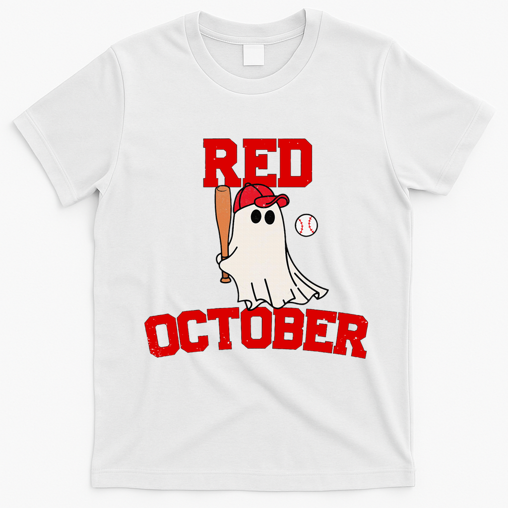 Red October Halloween Ghost Playing Baseball T-Shirt - White