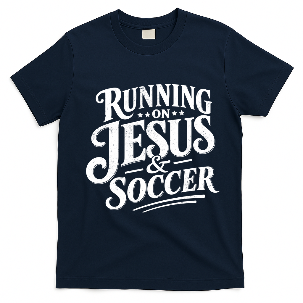 Running On Jesus And Soccer T-Shirt - Navy Blue