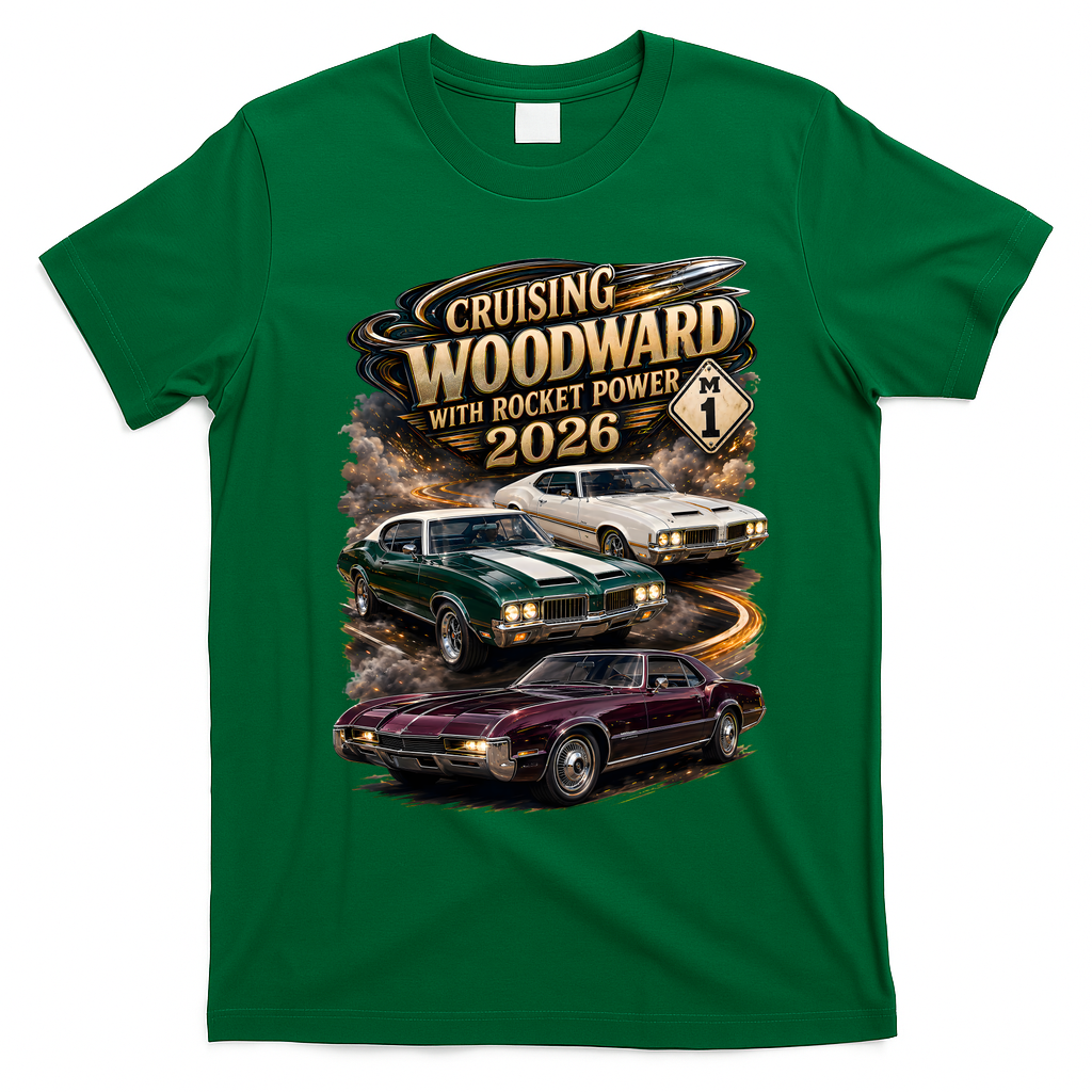 Rocket Power 2026 Woodward Ave M1 Car Cruise T-Shirt - Irish Green