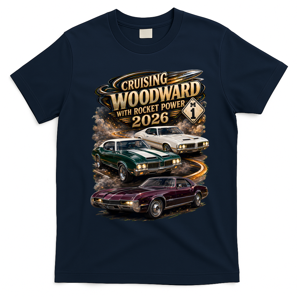 Rocket Power 2026 Woodward Ave M1 Car Cruise T-Shirt - Navy Blue