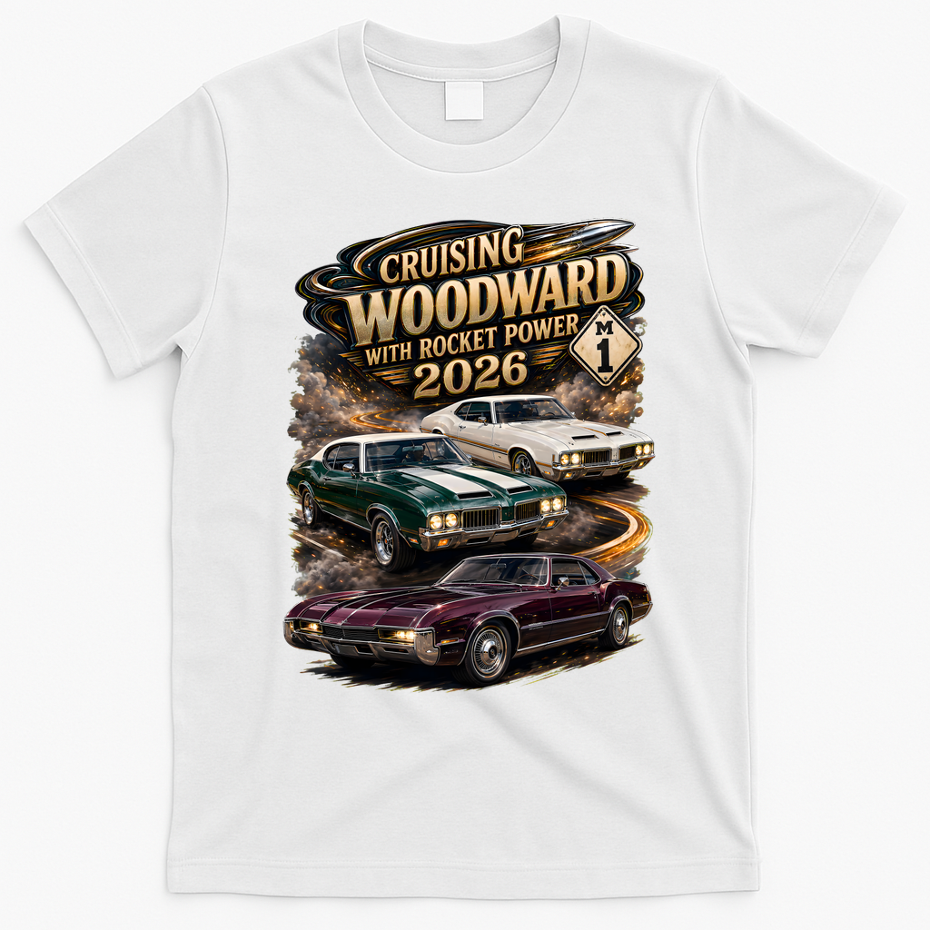 Rocket Power 2026 Woodward Ave M1 Car Cruise T-Shirt - White